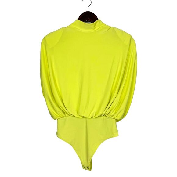 Express Neon Yellow Draped Mock Neck Open Back Thong Bodysuit w Shoulder Pads - Picture 6 of 12